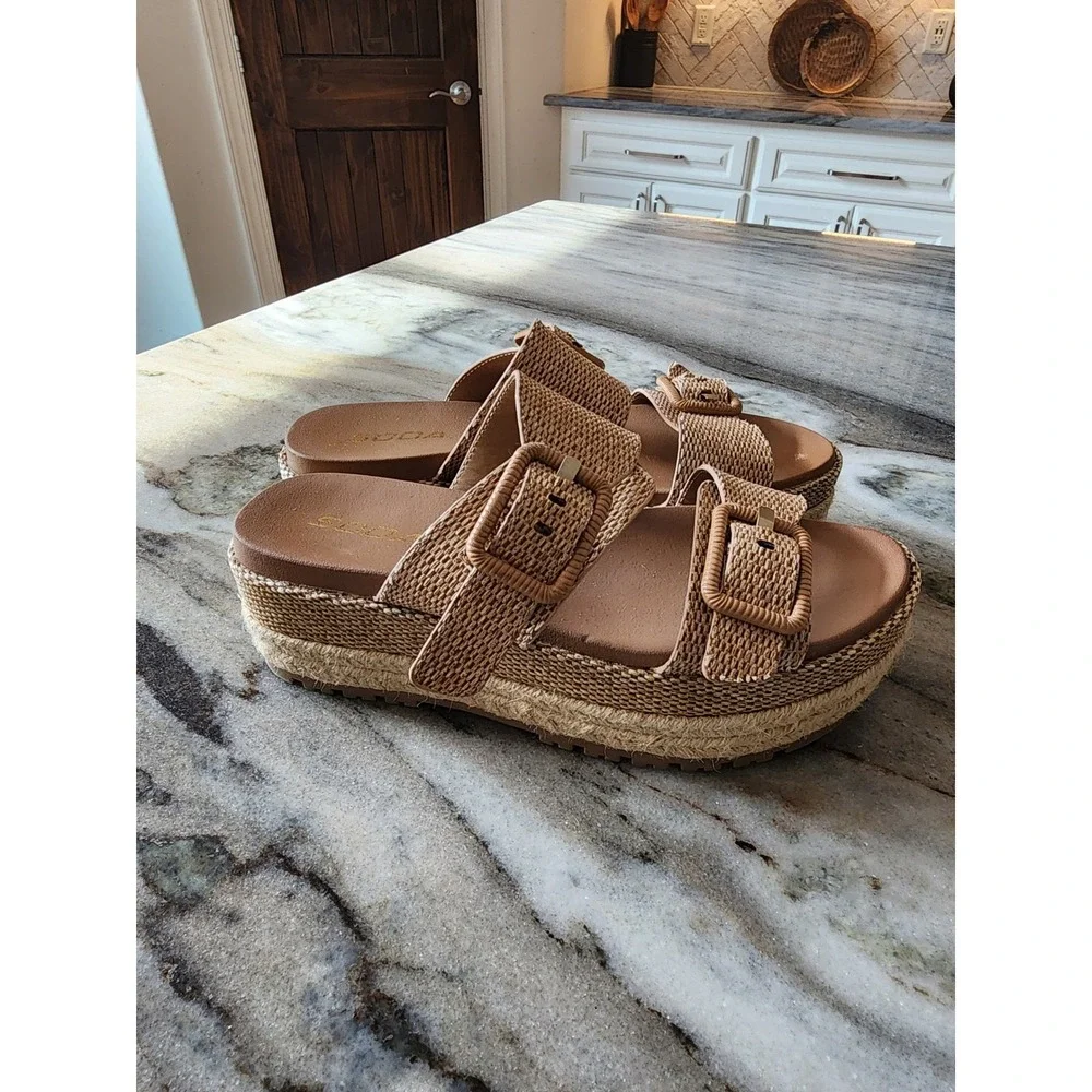 Boutique Womens Woven Espadrille Platform Slide Sandals Tan Size 7 Boho Coastal